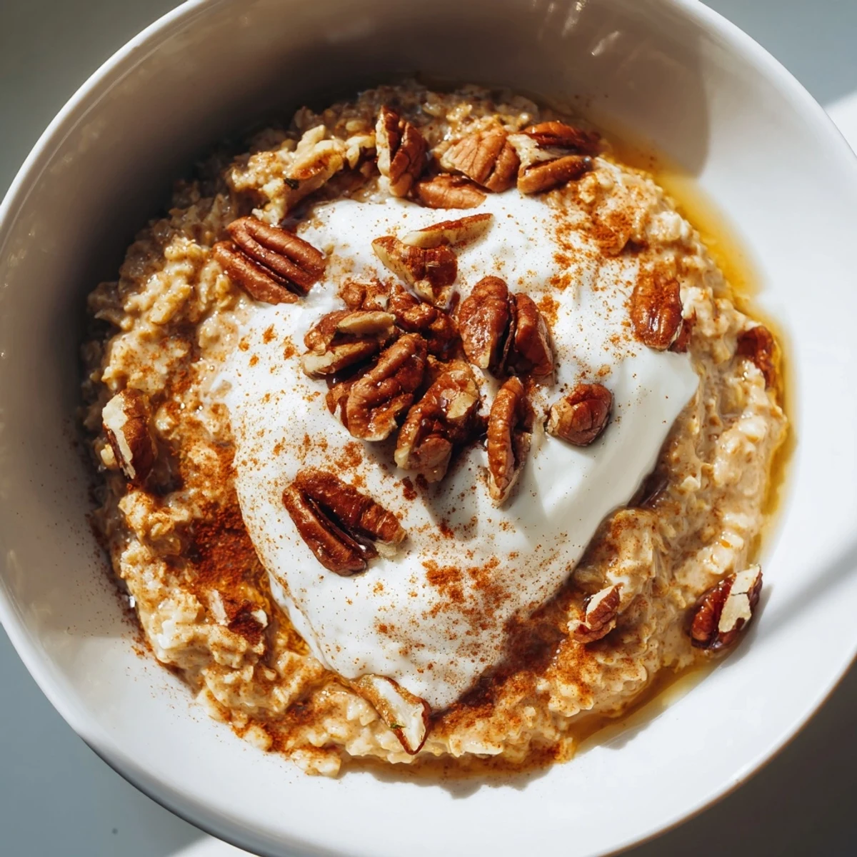 Richly spiced Pumpkin Spice Latte Oats served with a swirl of yogurt and a cinnamon dusting.