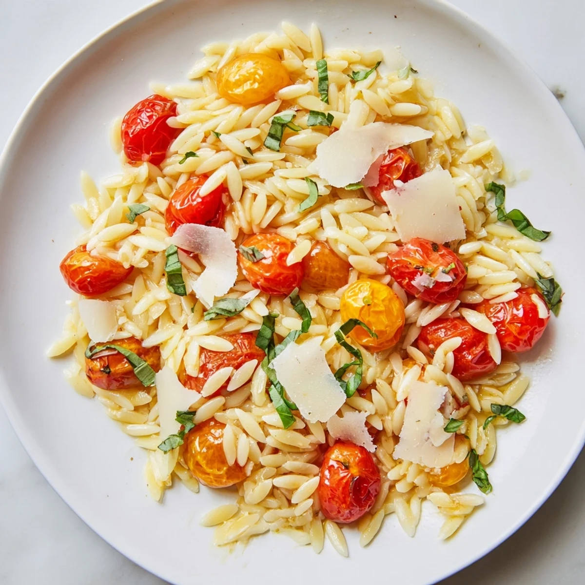Steaming bowlful of delicious Orzo Tomato Parmesan, garnished with basil and Parmesan.