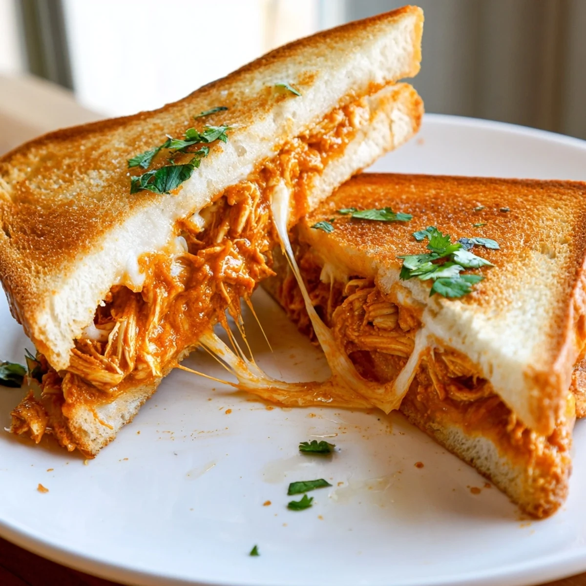 Hot, melty Savory Butter Chicken Grilled Cheese, perfectly toasted with a taste of Indian spices and creamy cheese.