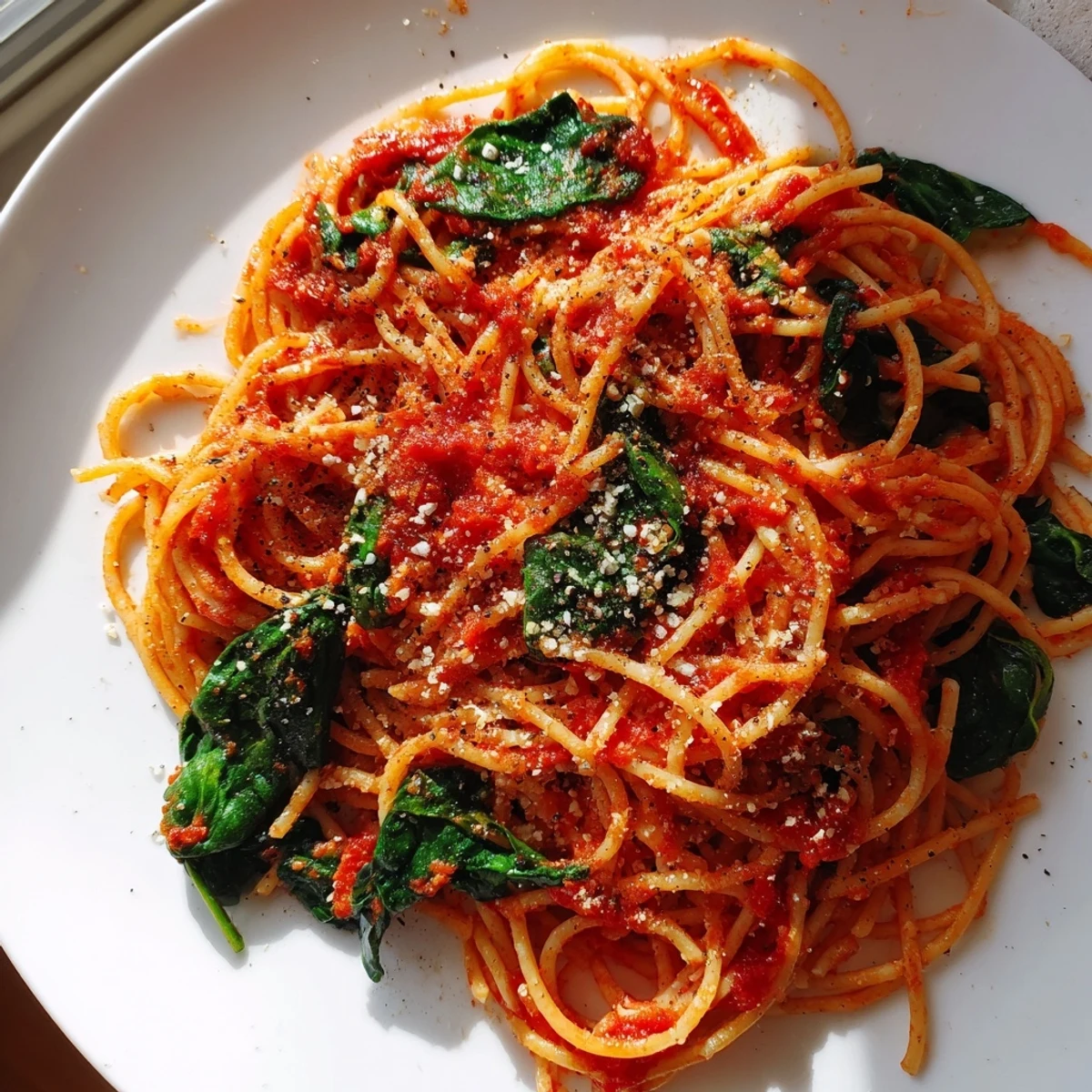 Quick Marinara Pasta with Spinach served in a bowl, steam rising, ready for your first delicious bite.