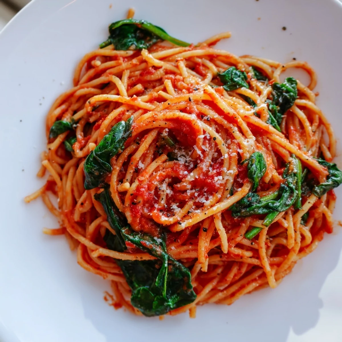 Warm, comforting quick Marinara Pasta with Spinach: a simple weeknight Italian-American meal.