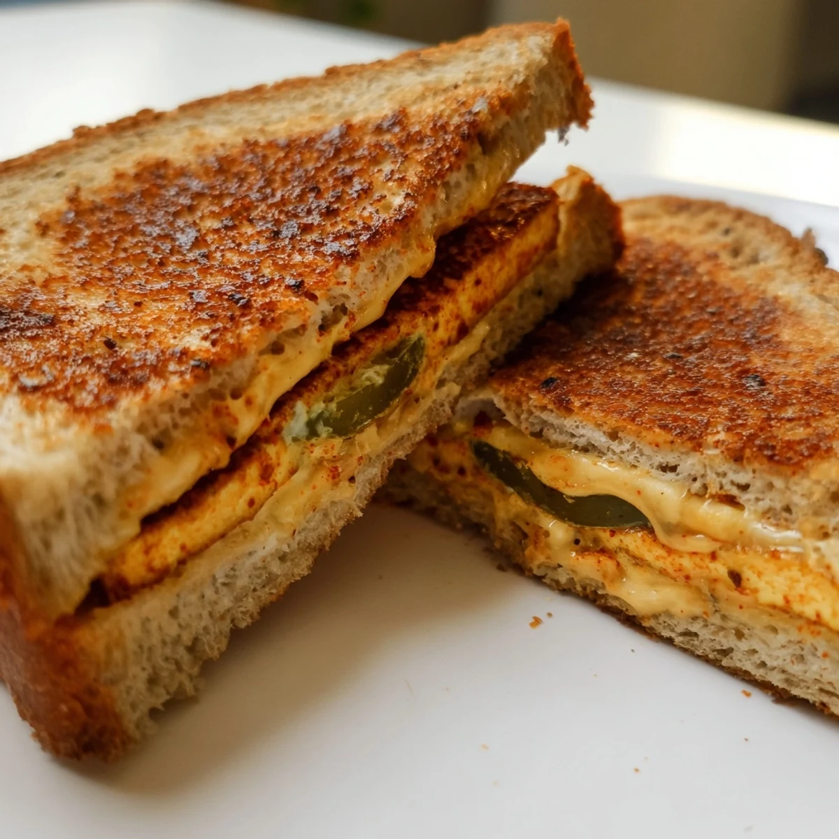 Golden-brown Spicy Crispy Tofu Grilled Cheese with melted vegan cheese, perfect comfort food.