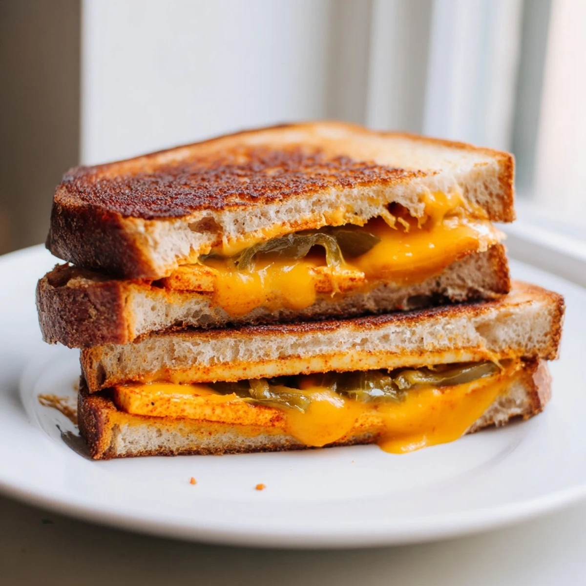 Close up view of a delicious Spicy Crispy Tofu Grilled Cheese, perfectly grilled with crispy tofu.