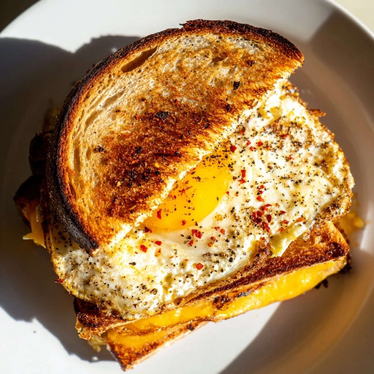 Golden feta fried eggs grilled cheese sandwich, oozing melted cheese and perfect for lunch.