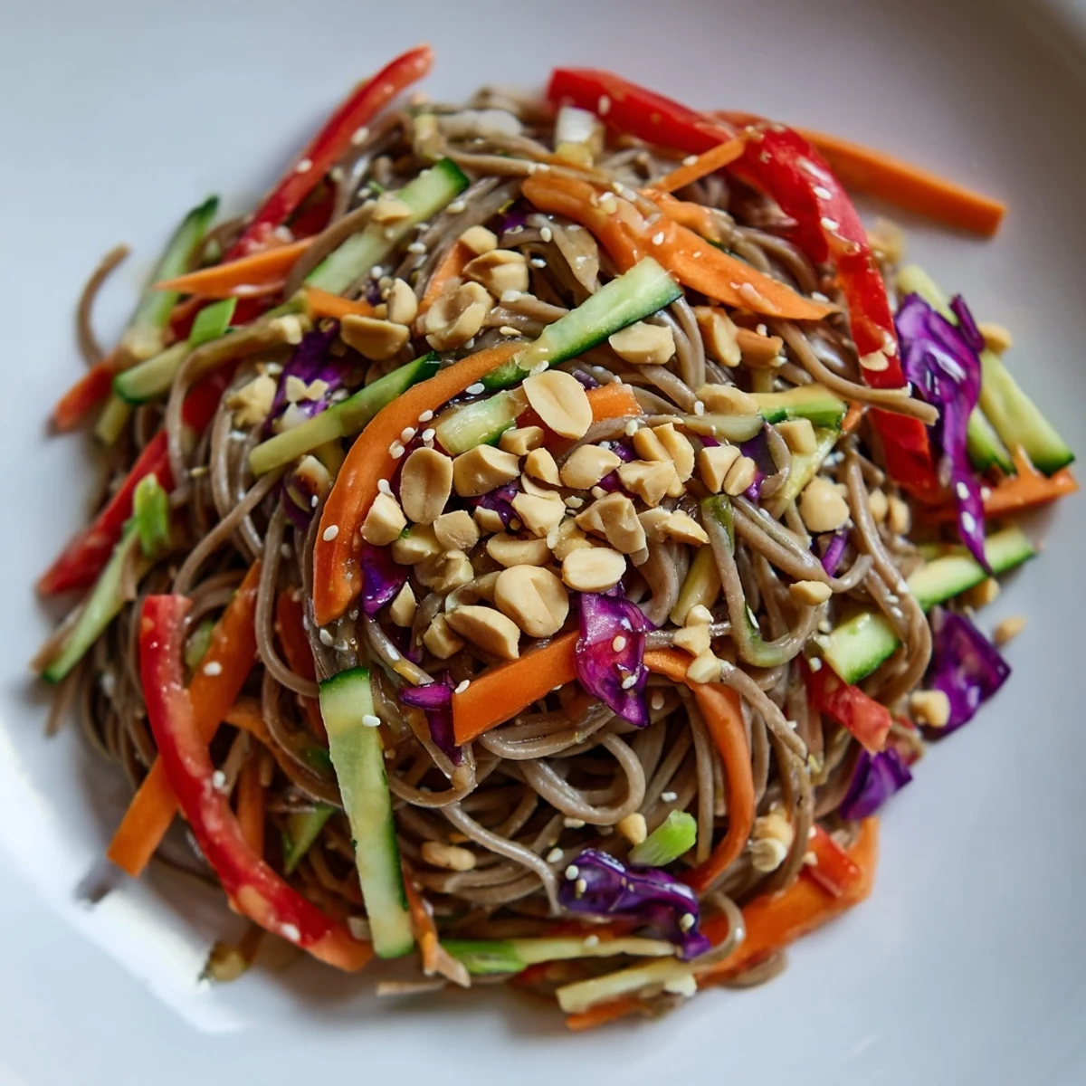 Vibrant cold noodle salad with sesame-ginger dressing, showcasing colorful vegetables and peanuts.
