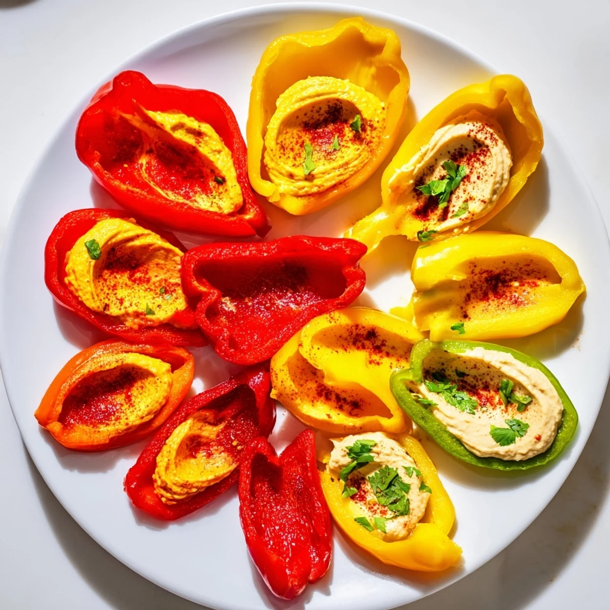 Vibrant Spicy Chili Pepper Fiesta platter shows colorful peppers with creamy dipping sauces.