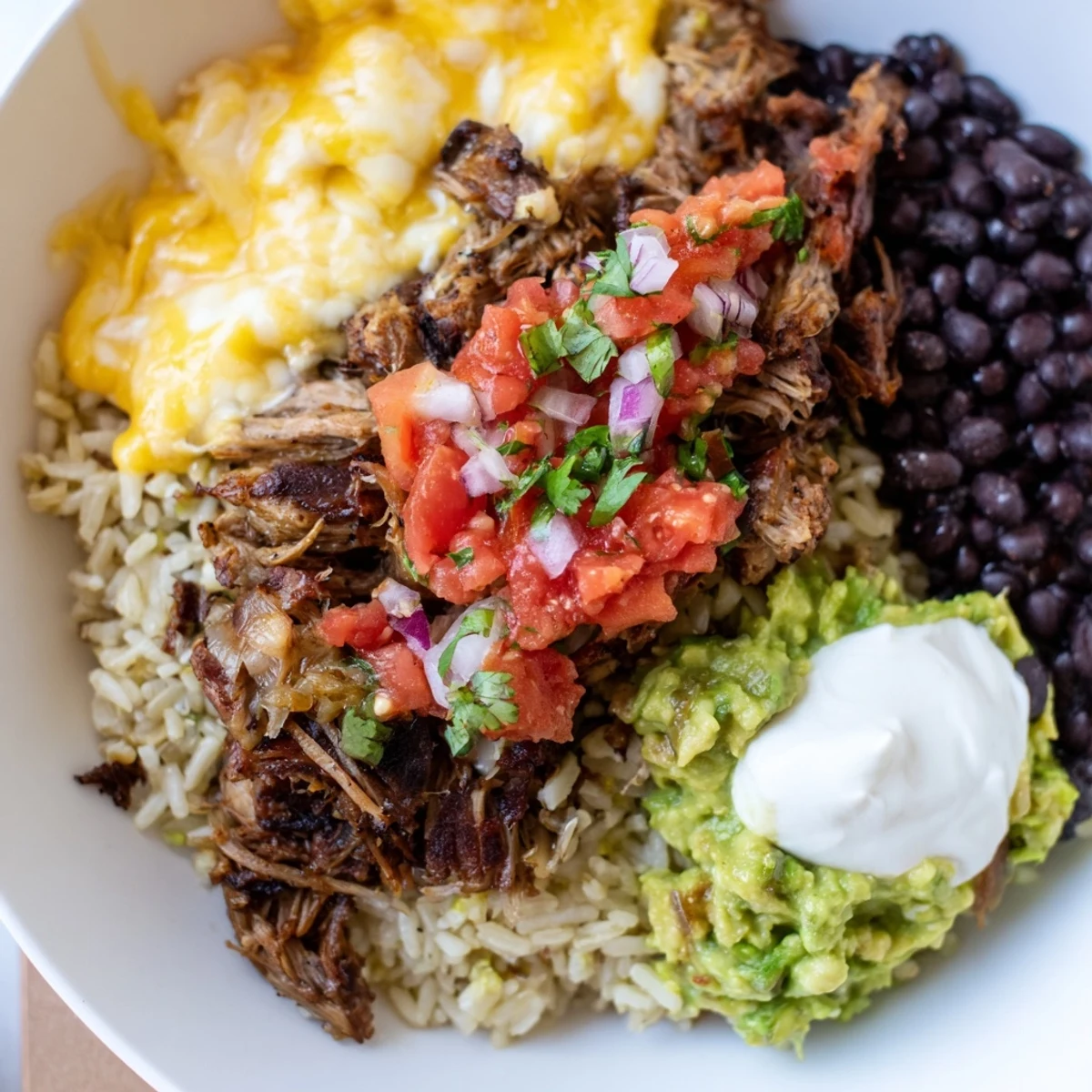 This image shows a beautifully arranged Chipotle Burrito Bowl copycat, ready to be devoured with its vibrant flavors.