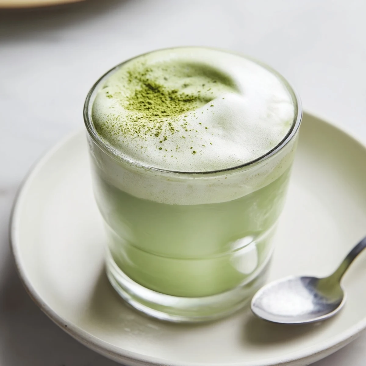Steaming, vibrant green creamy matcha latte, cool cold foam floating atop for a delicious treat.