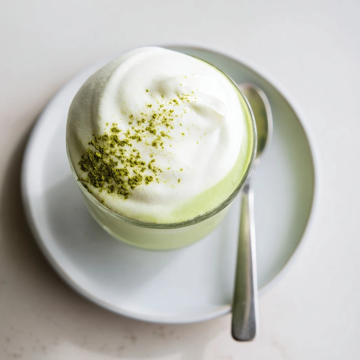 A close-up of a frothy, bright green creamy matcha latte, perfect for a cozy afternoon.