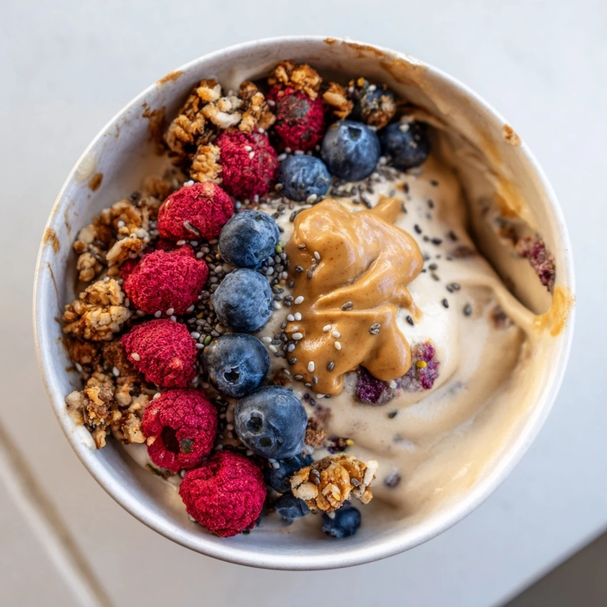 Smooth protein ice cream bowls topped with berries and granola, a healthy dessert option.
