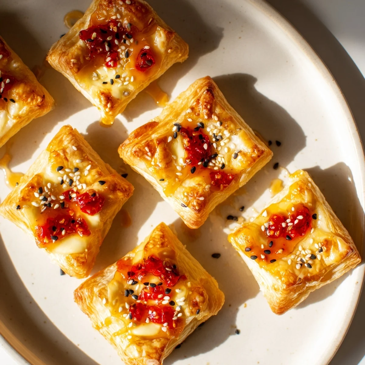Golden, bubbly Chili Crisp Honey Brie Bites, showcasing the perfect combination of sweet, spicy, and savory flavors.