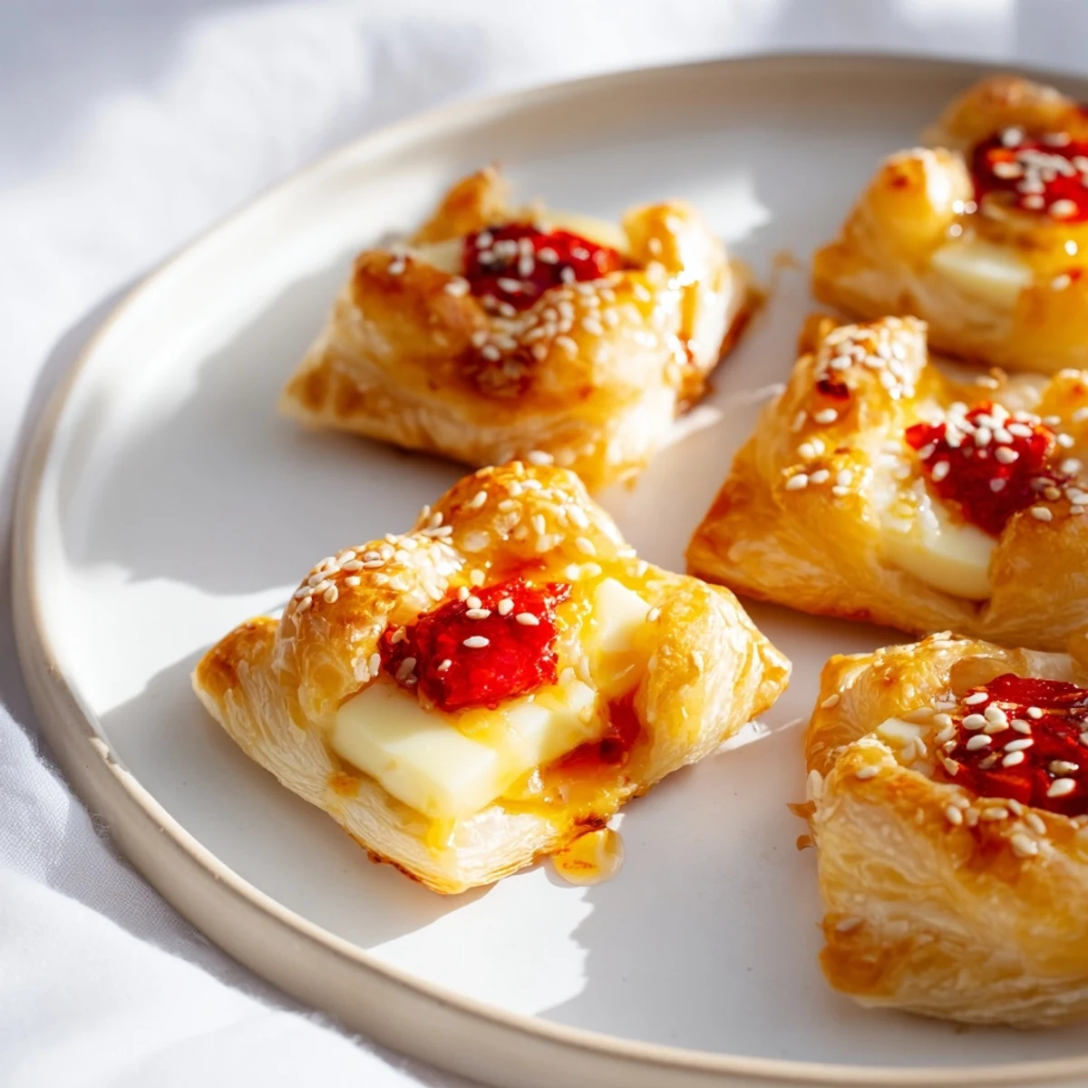 Mouthwatering close-up of Chili Crisp Honey Brie Bites, oozing melted Brie and a drizzle of honey.