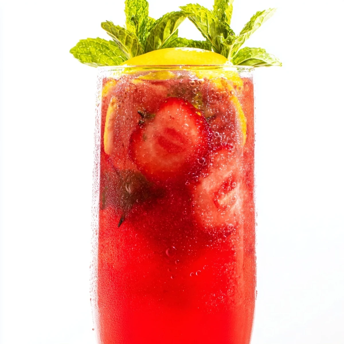 Homemade strawberry and pineapple fruit refresher drinks, chilled and beautifully garnished with fresh mint.