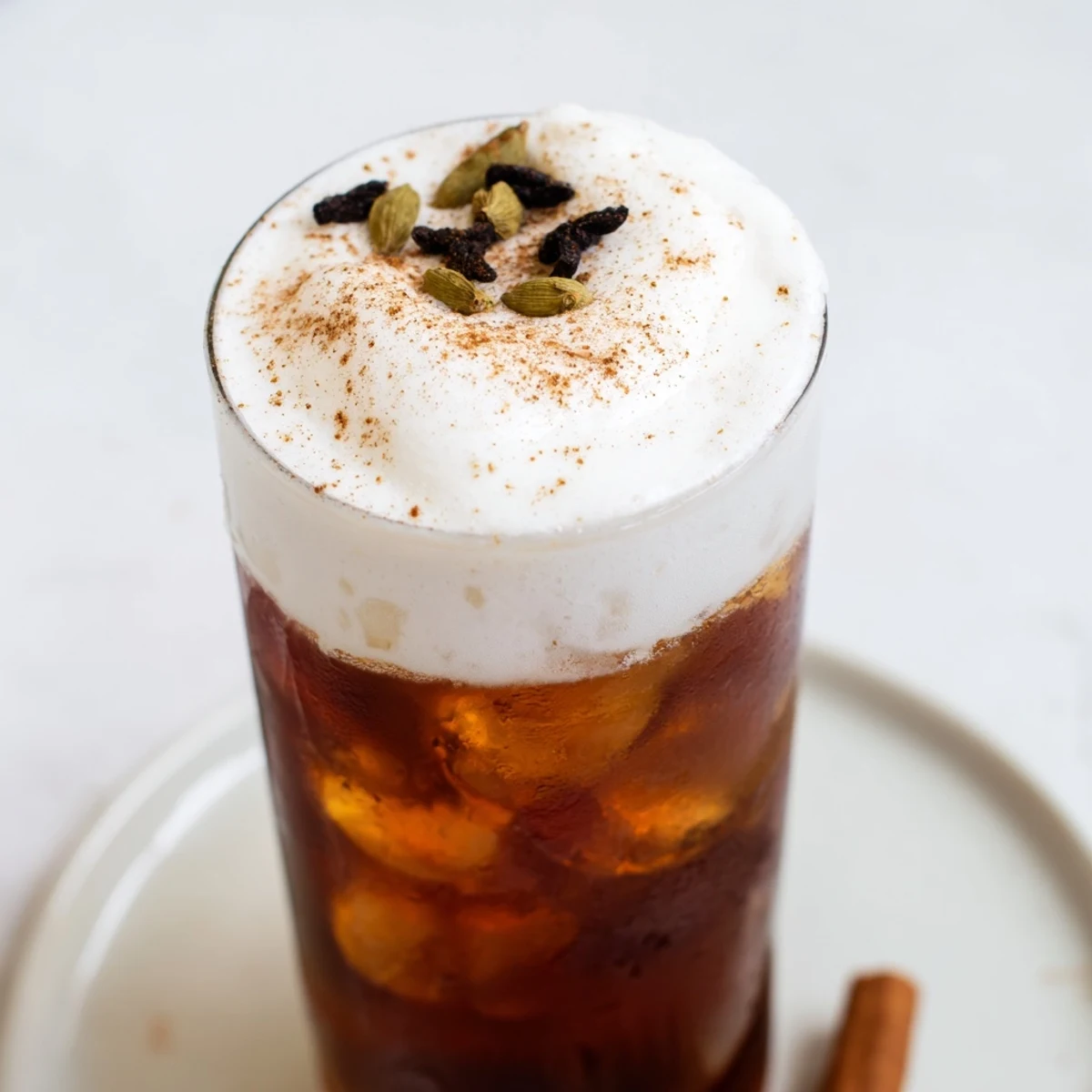 Homemade Iced Chai with cold foam, a beautifully layered drink with creamy foam, offering cool refreshment.