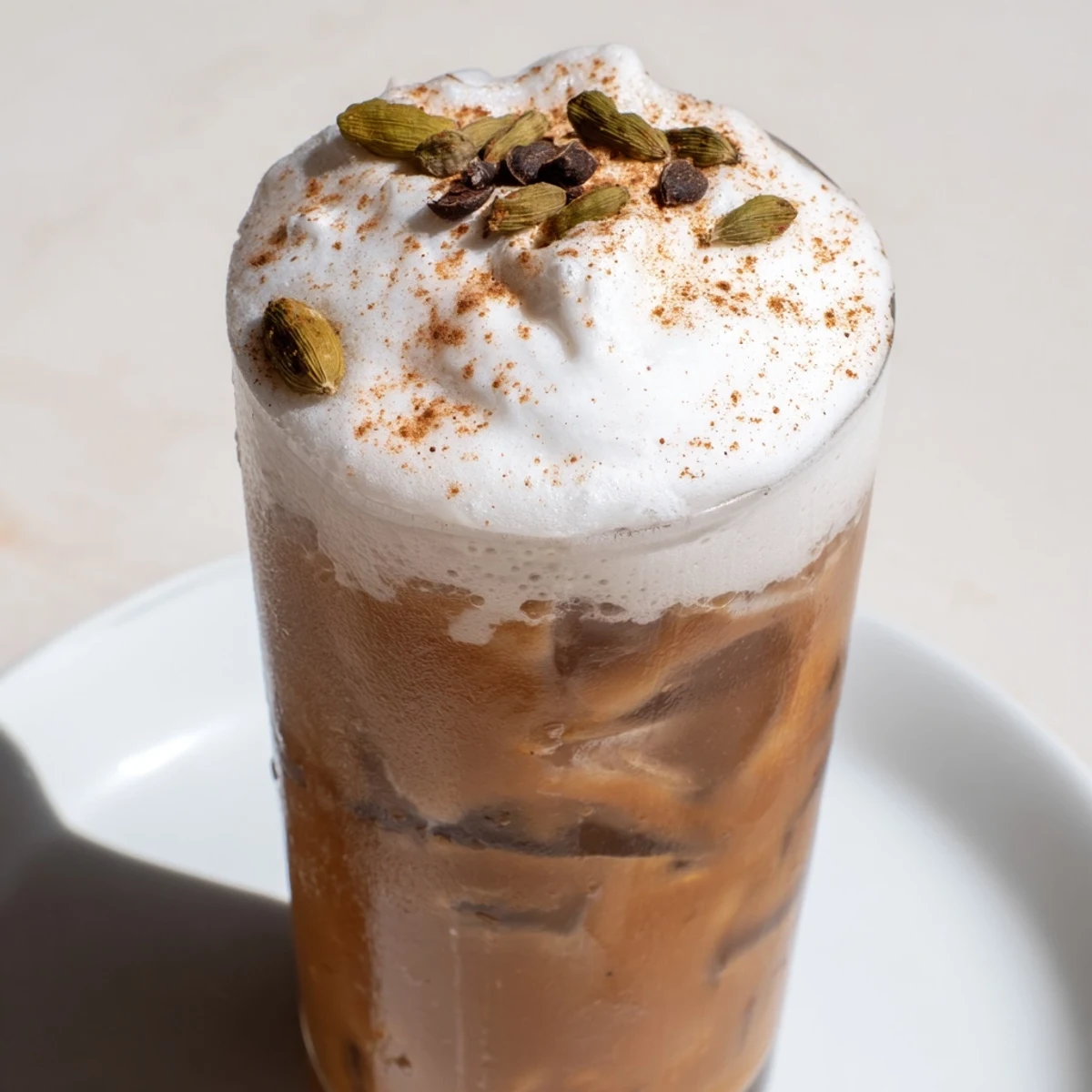 Enjoy the visually stunning homemade Iced Chai, showcasing the layered cold foam and spiced beverage on a bright day.