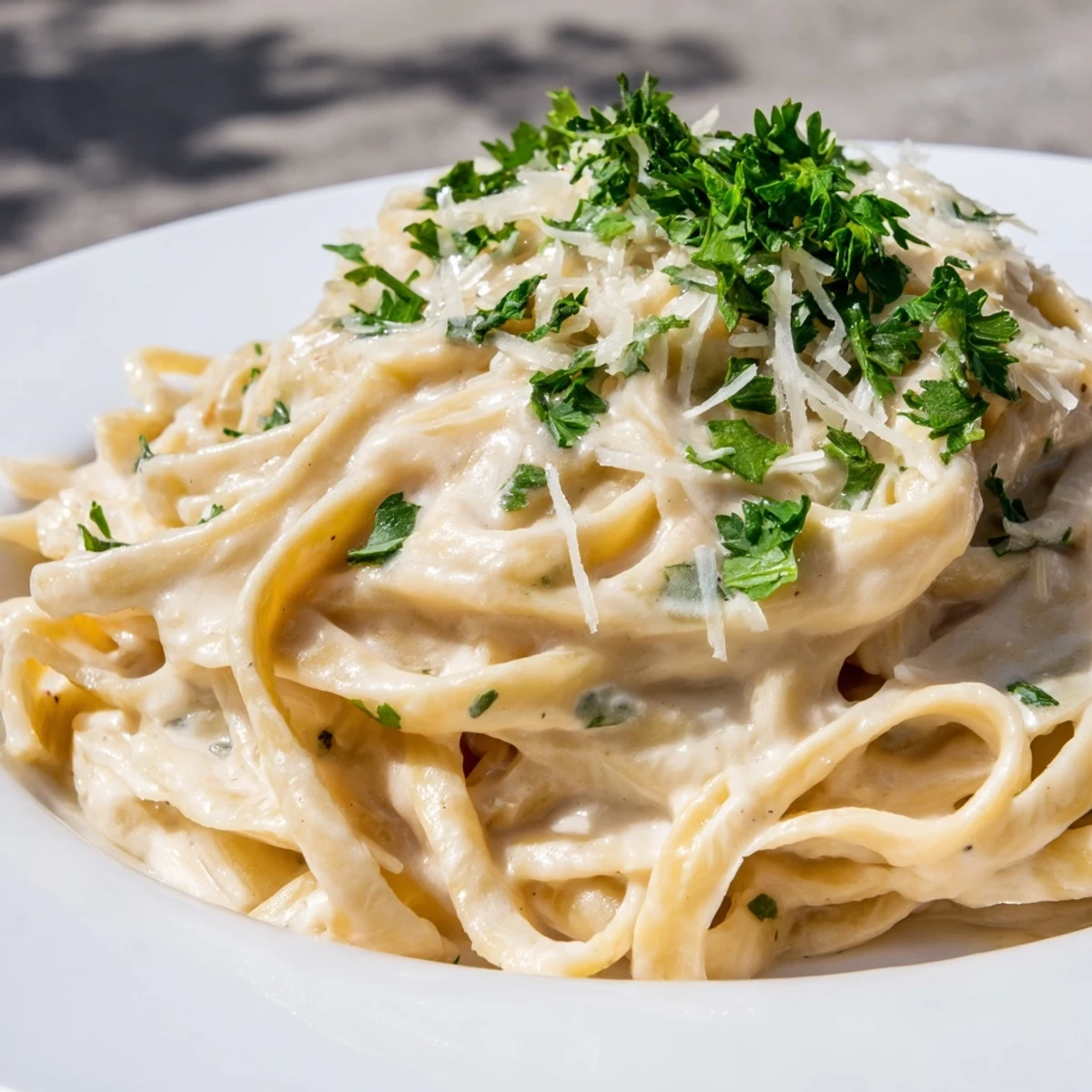 Smooth, blended cottage cheese Alfredo sauce, enhanced with Parmesan, waiting to be tossed with fettuccine.