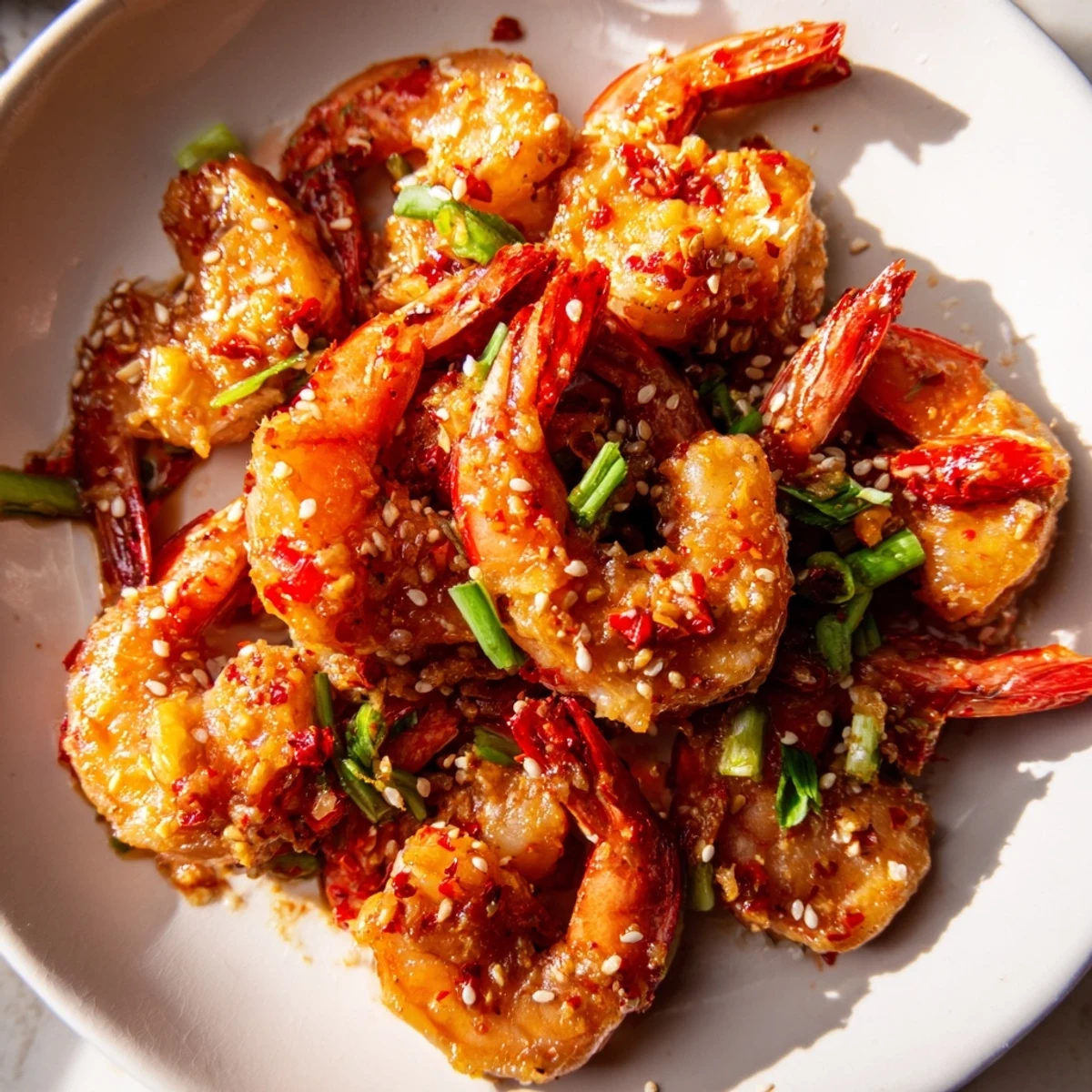 Korean Garlic Butter Shrimp sizzling in a skillet, glistening sauce with a hint of red chili flakes.