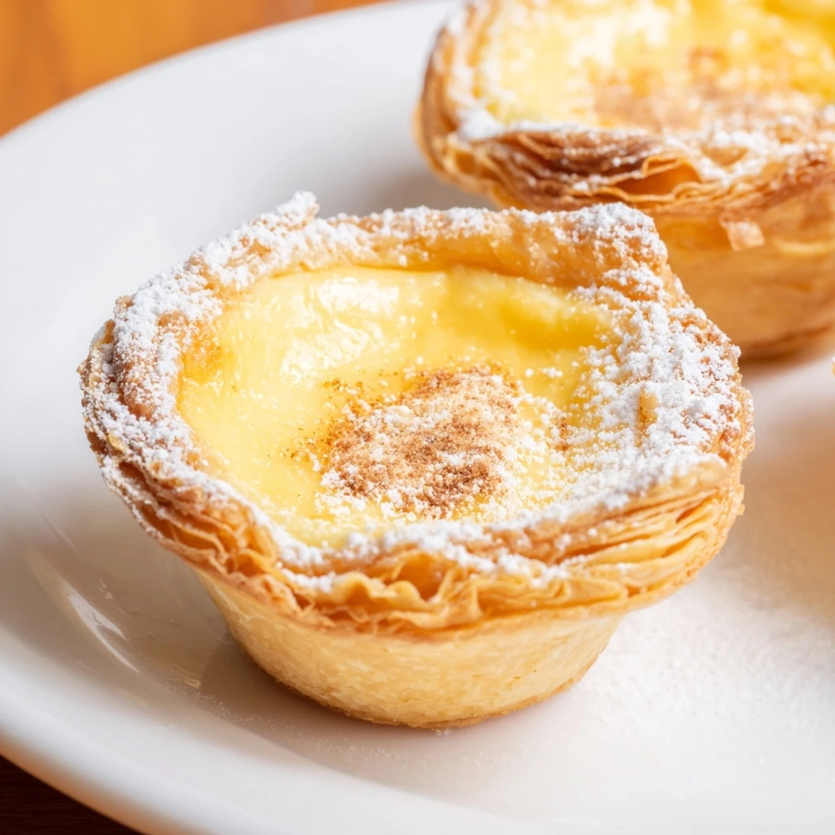 Golden-brown Portuguese Egg Tarts with a dusting of powdered sugar, ready to savor.