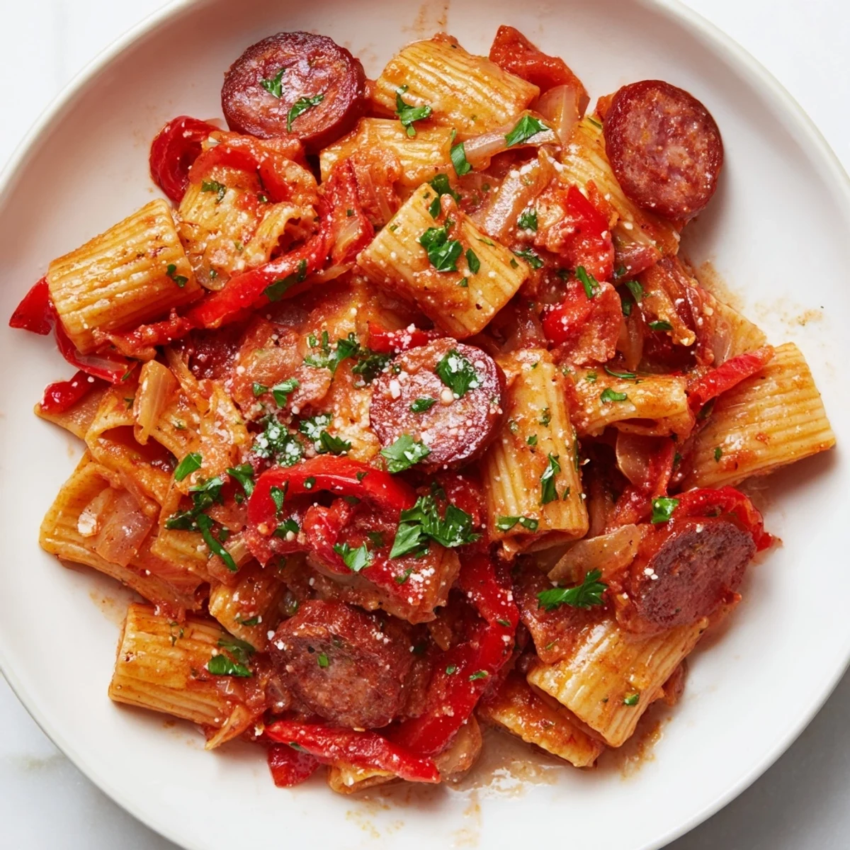 A close-up of vibrant Spanish chorizo pasta, showcasing the rich tomato sauce and spicy chorizo.