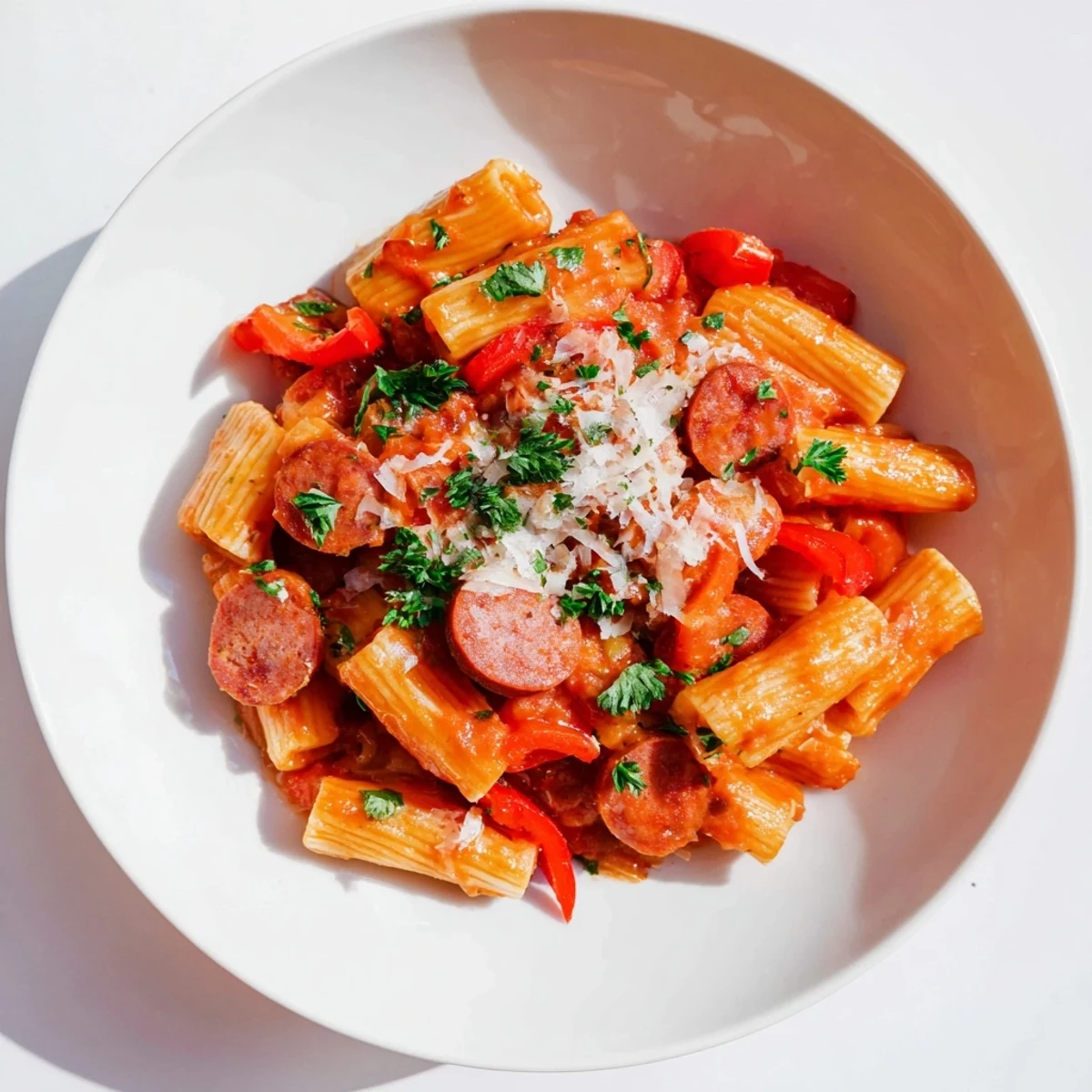 Delicious Spanish chorizo pasta, a flavorful main dish with penne, tomatoes, and savory chorizo pieces.