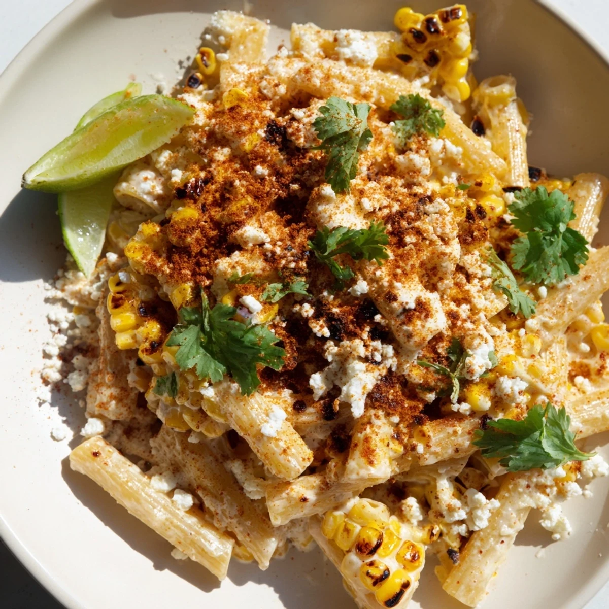 Mexican Street Corn Pasta, a flavorful vegetarian main dish, topped with fresh cilantro and cotija.