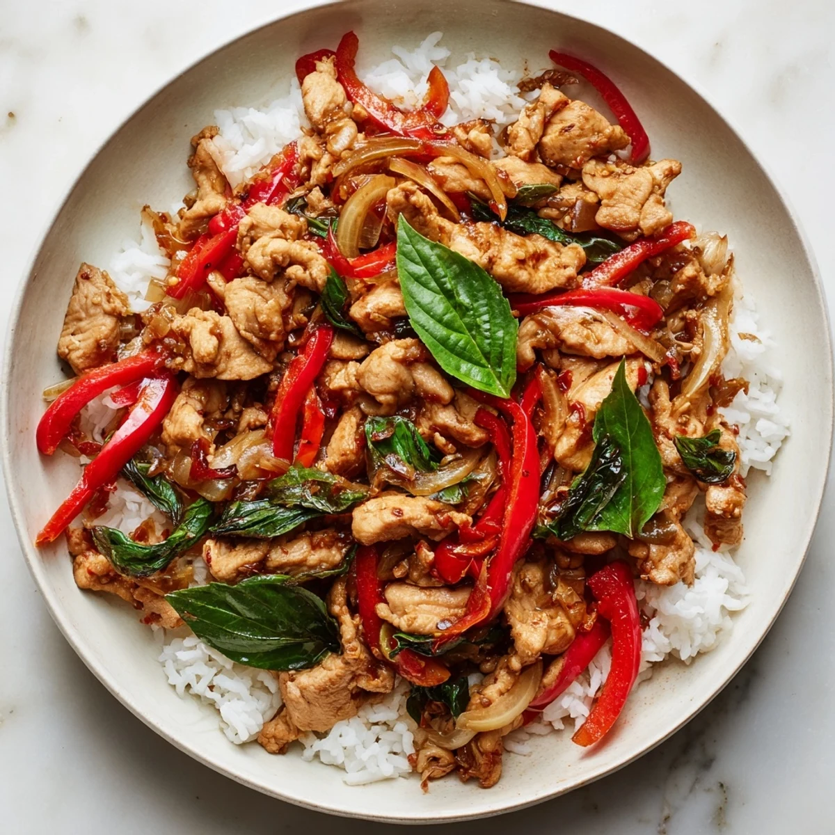 Close-up of savory Thai Basil Chicken Bowls with fluffy jasmine rice, steaming and delicious.