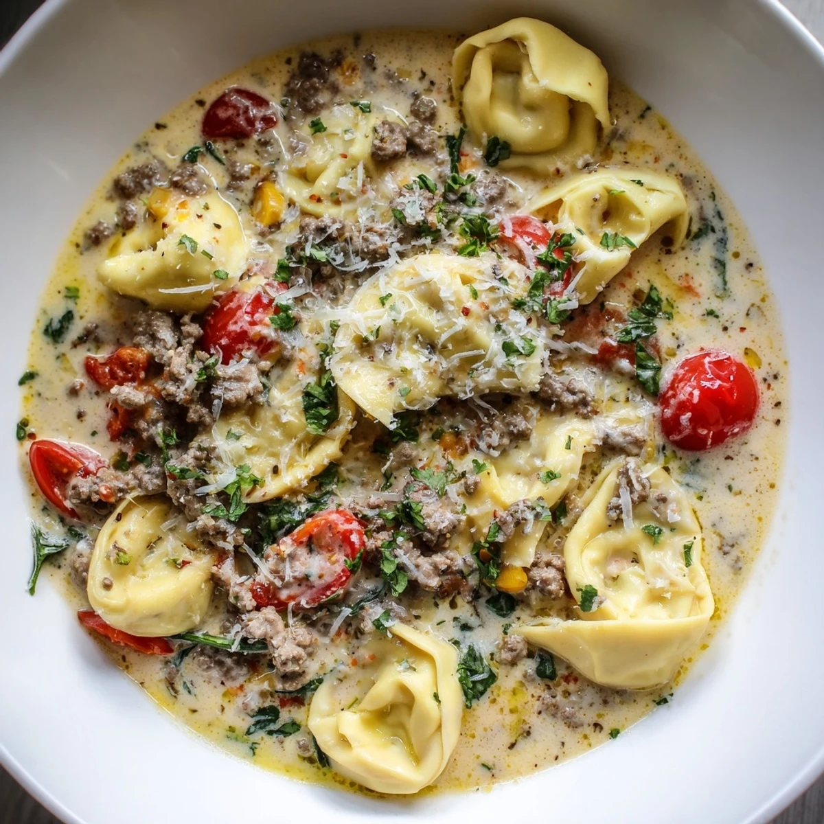 Rich beef broth surrounds the Tortellini Beef Soup, a flavorful Italian-American comfort food classic ready to enjoy.