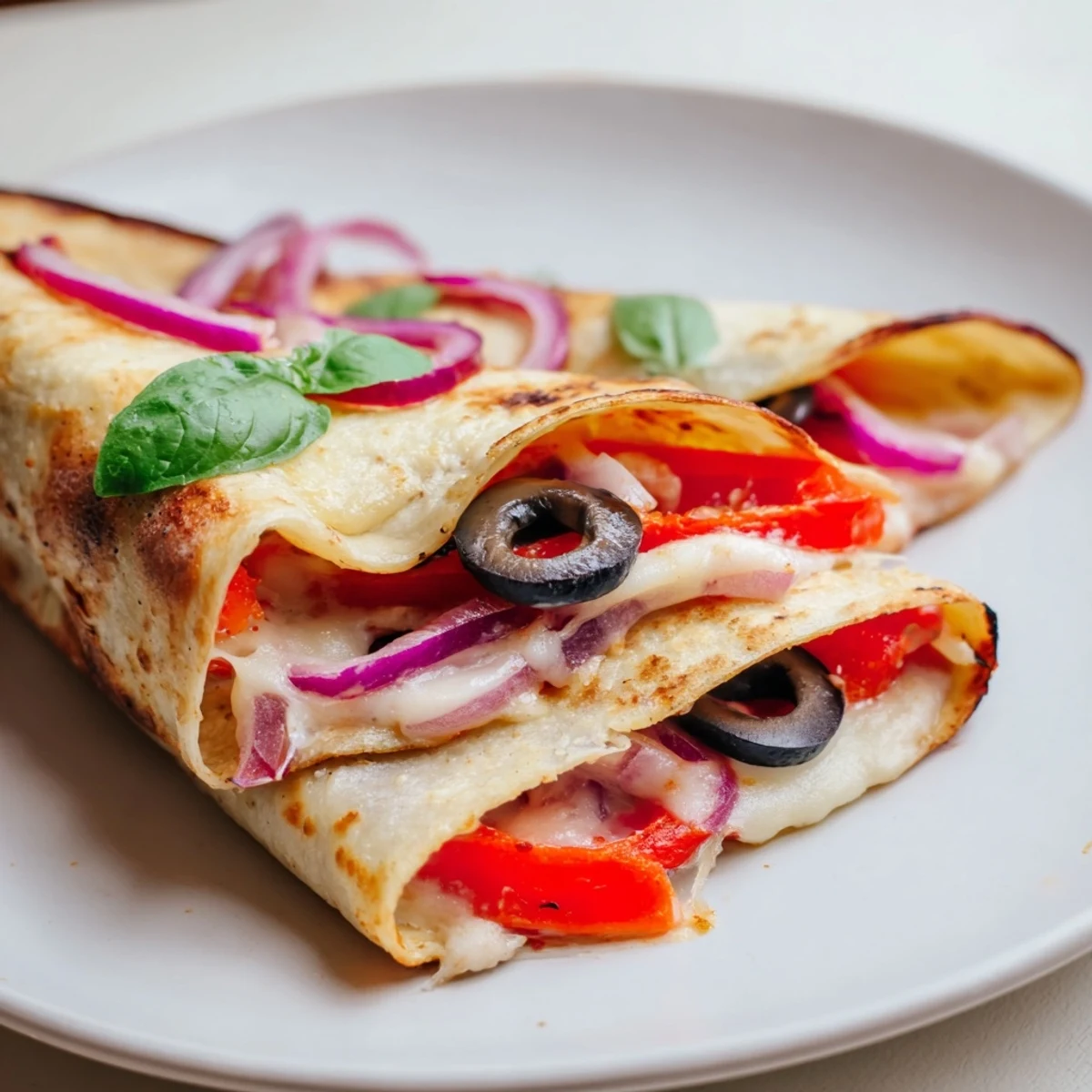Crispy tortilla pizza wrap, golden brown and bubbly, filled with pepperoni and melted cheese.