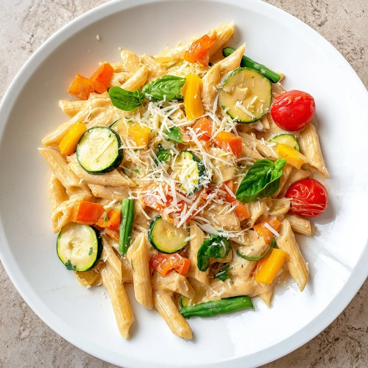 Steaming One-Pot Creamy Pasta Primavera: a delightful vegetarian meal with colorful, tender vegetables.