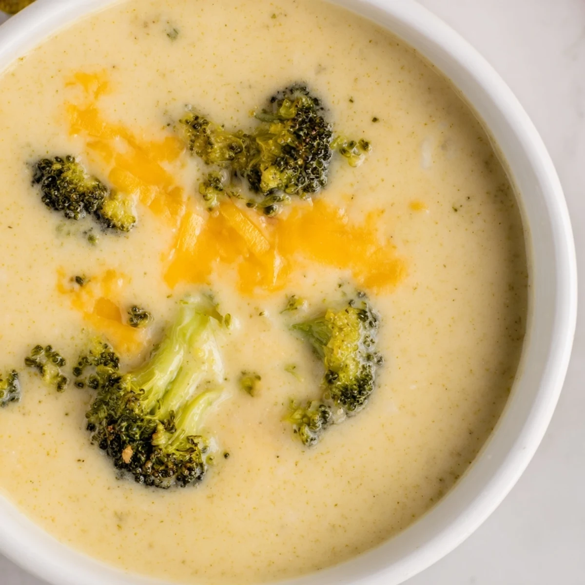 Golden-brown roasted broccoli blended with sharp cheddar, this savory Broccoli Cheddar Soup is ready to serve.