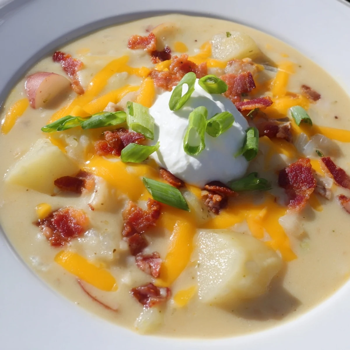 Creamy Loaded Baked Potato Soup, topped with cheddar, bacon, and green onions, looks incredibly delicious.