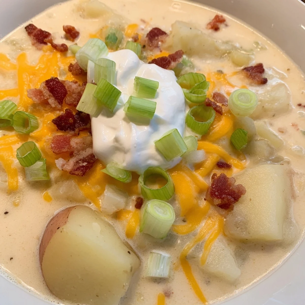 A steaming bowl of Loaded Baked Potato Soup with visible chunks of potato and melted cheese is presented.