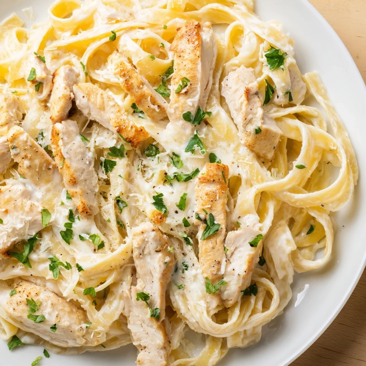 This Skillet Chicken Alfredo image shows pasta coated in creamy sauce, served with perfect chicken pieces.