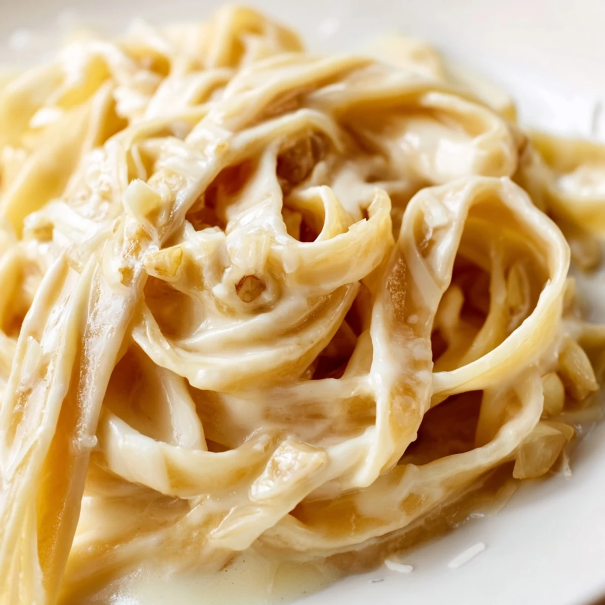 Freshly cooked Roasted Garlic Cream Pasta plated with a light drizzle of olive oil and freshly ground black pepper.