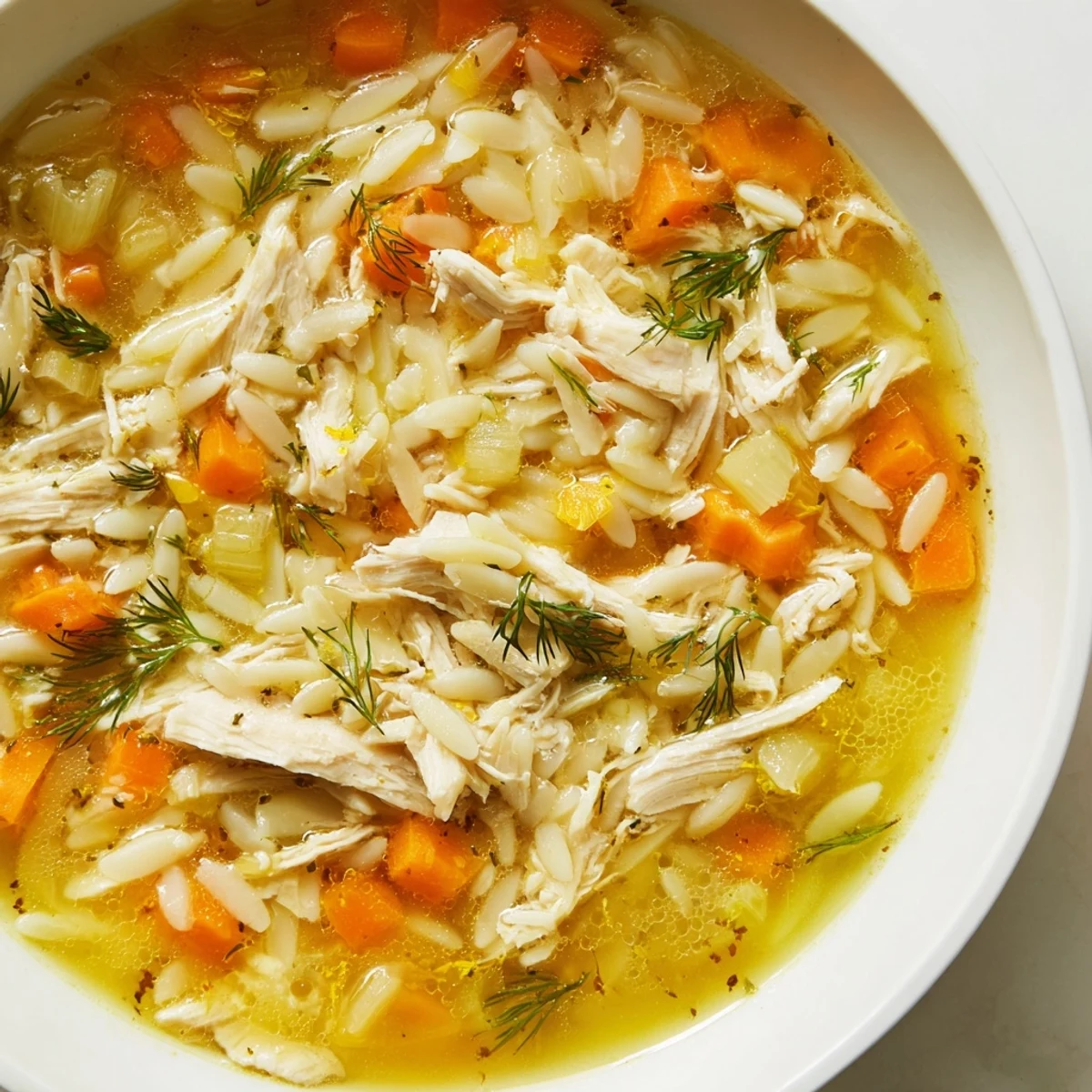 Hearty Chicken Lemon Orzo Soup with tender chicken and veggies, served hot alongside crusty bread for dipping.