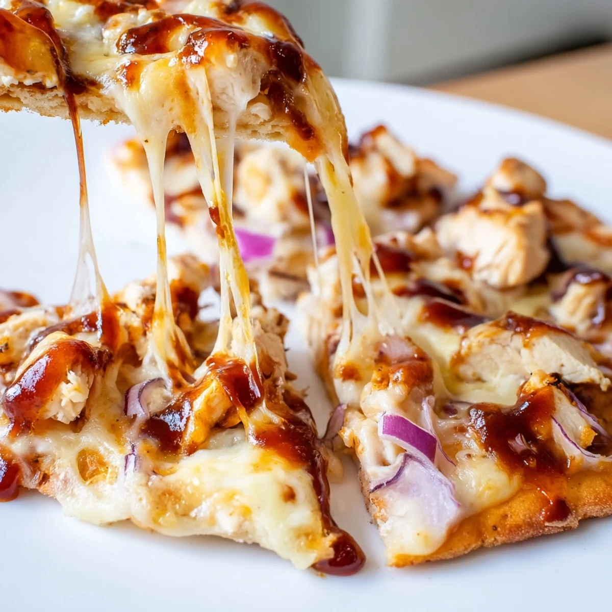 Crispy golden flatbread loaded with tangy BBQ sauce, tender grilled chicken, sweet red onions, and melted mozzarella cheese.  