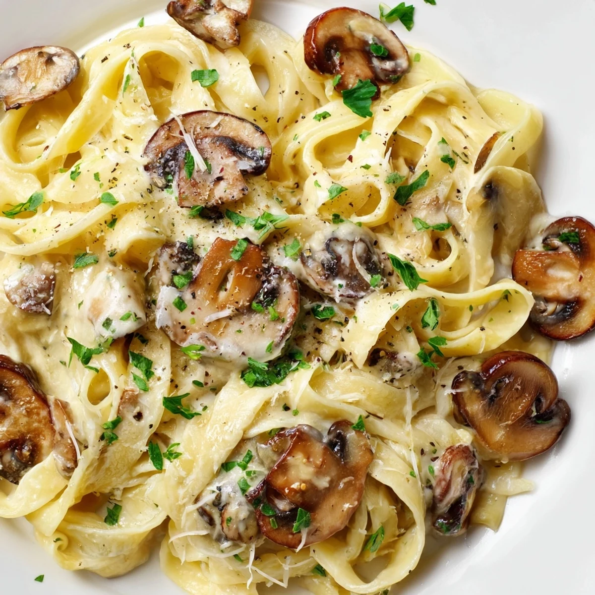 Fresh parsley garnishes a skillet of Creamy Mushroom Alfredo beside a crisp green salad and wine.
