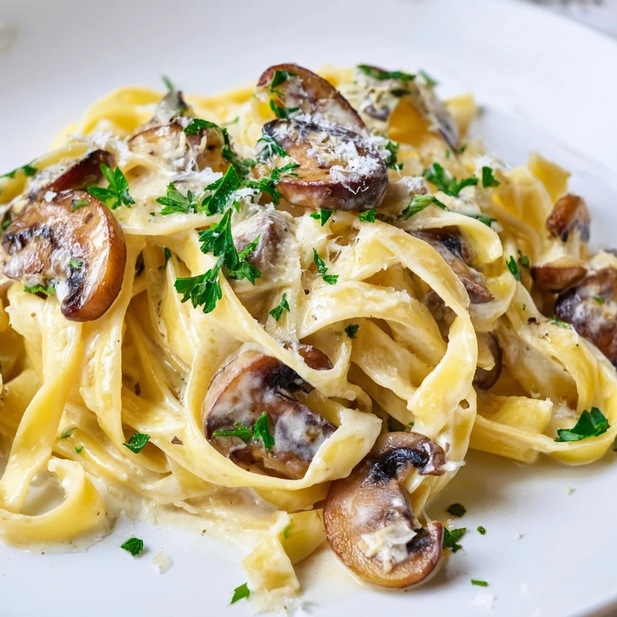 Fettuccine noodles are coated in velvety Creamy Mushroom Alfredo, served warm with extra Parmesan cheese.