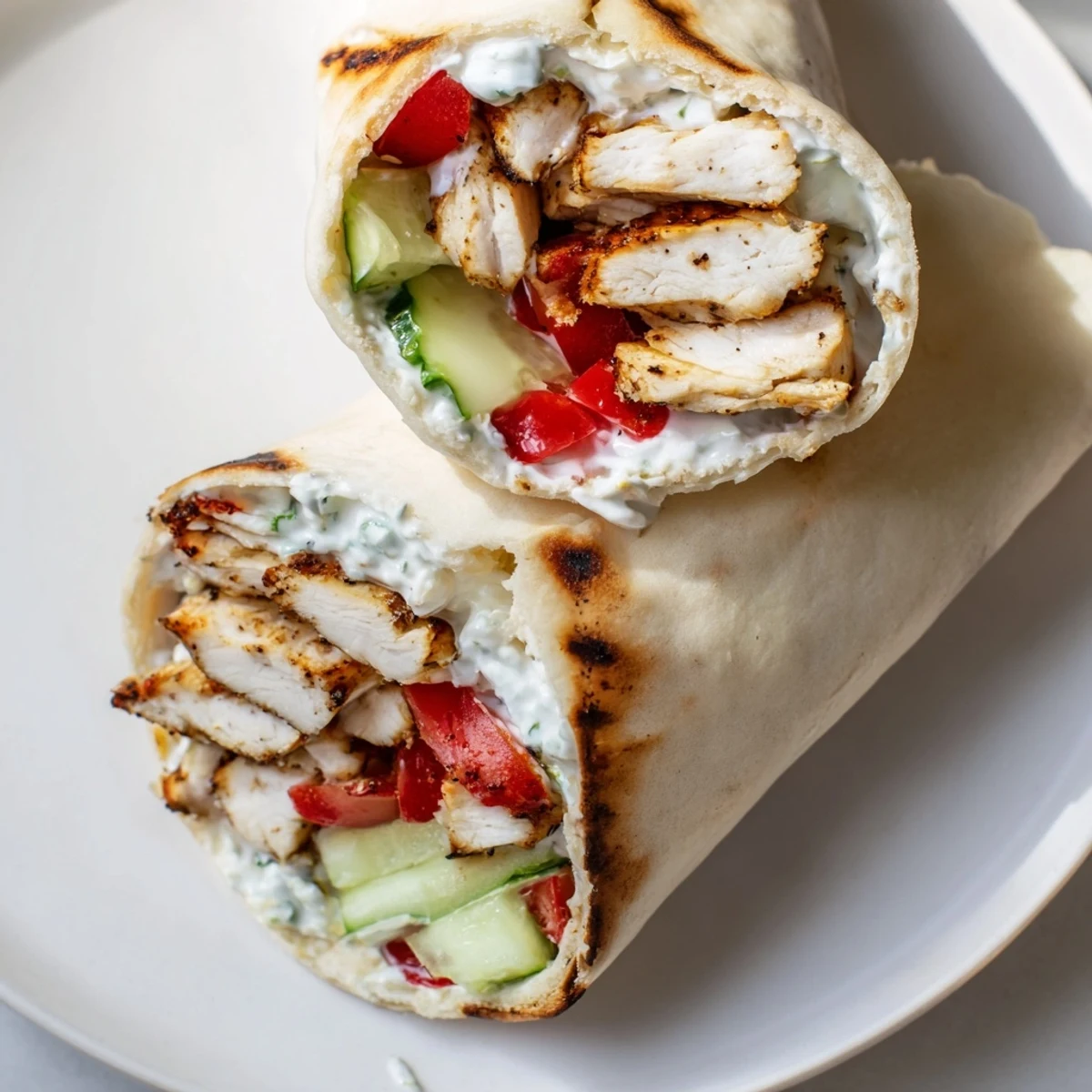 A Greek Chicken Wrap filled with juicy marinated chicken, crisp veggies, and cool tzatziki sauce on warm pita.