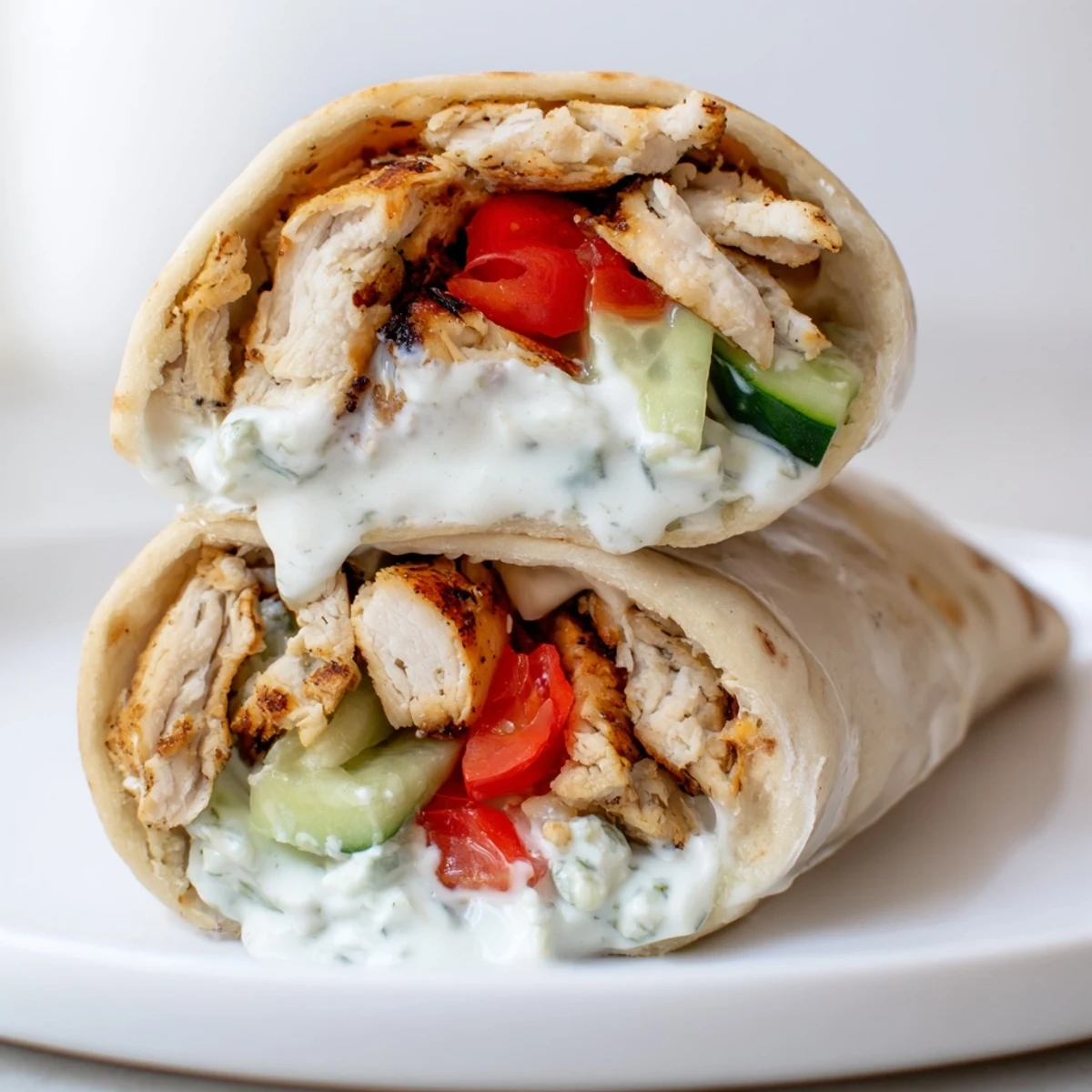 Freshly assembled Greek Chicken Wrap overflowing with tender grilled chicken, diced tomatoes, cucumbers, and a drizzle of tzatziki.