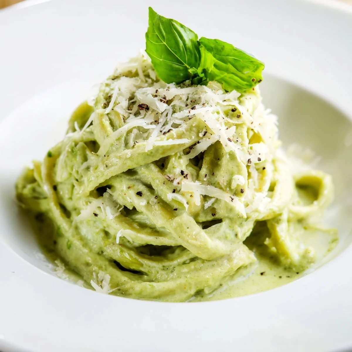 Creamy Green Pea Alfredo fettuccine is swirled with a bright, verdant sauce and topped with fresh basil and cracked black pepper.