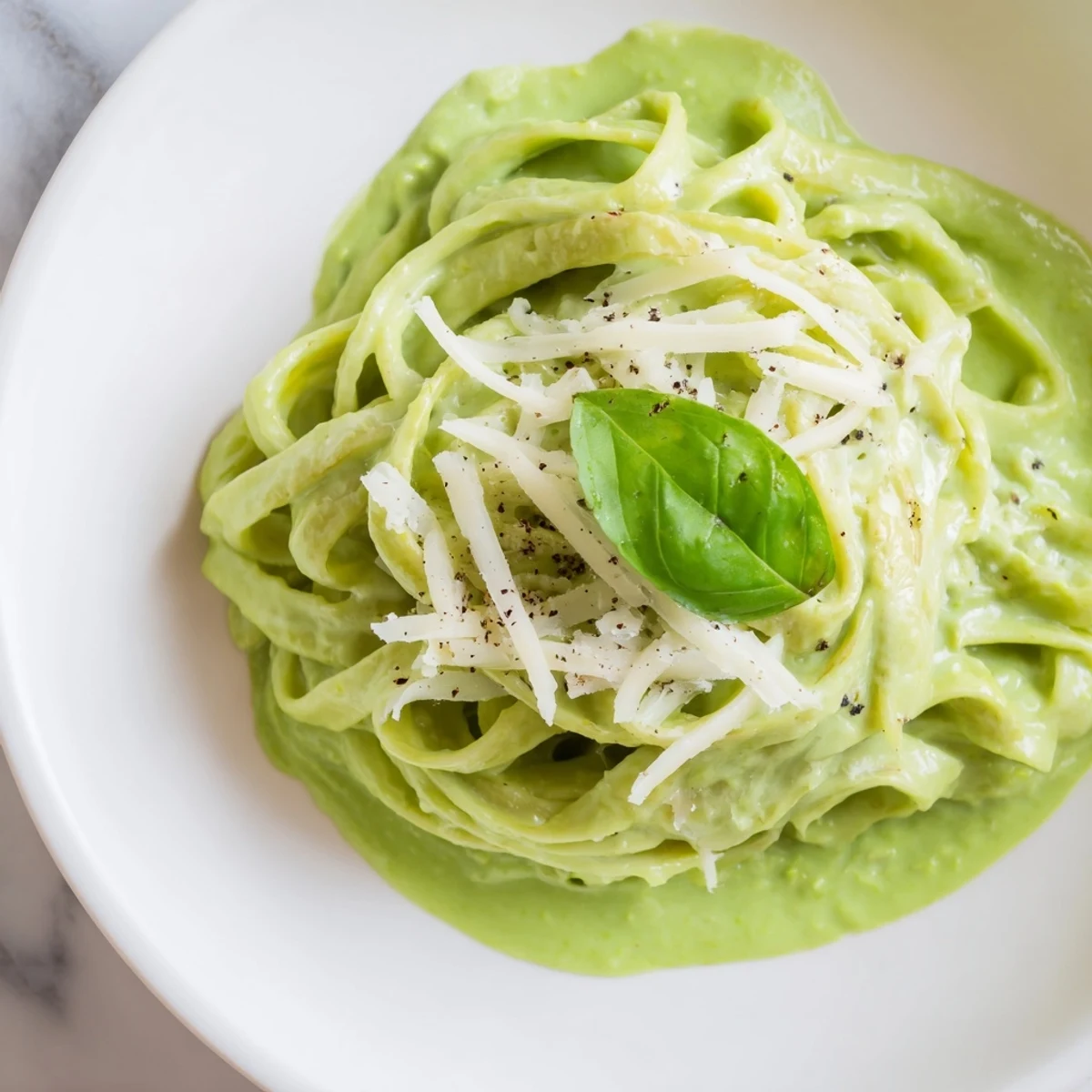 A comforting bowl of Creamy Green Pea Alfredo served as a vegetarian main dish, with steam rising and peas dotting the pasta.