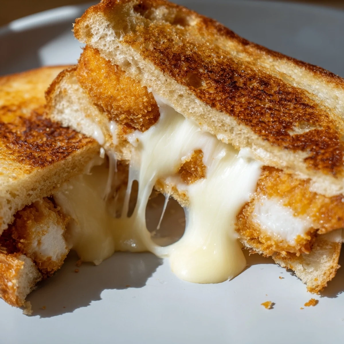 Crispy mozzarella sticks and melty cheese layered between golden, buttery sourdough bread for a decadent Mozzarella Stick Grilled Cheese.
