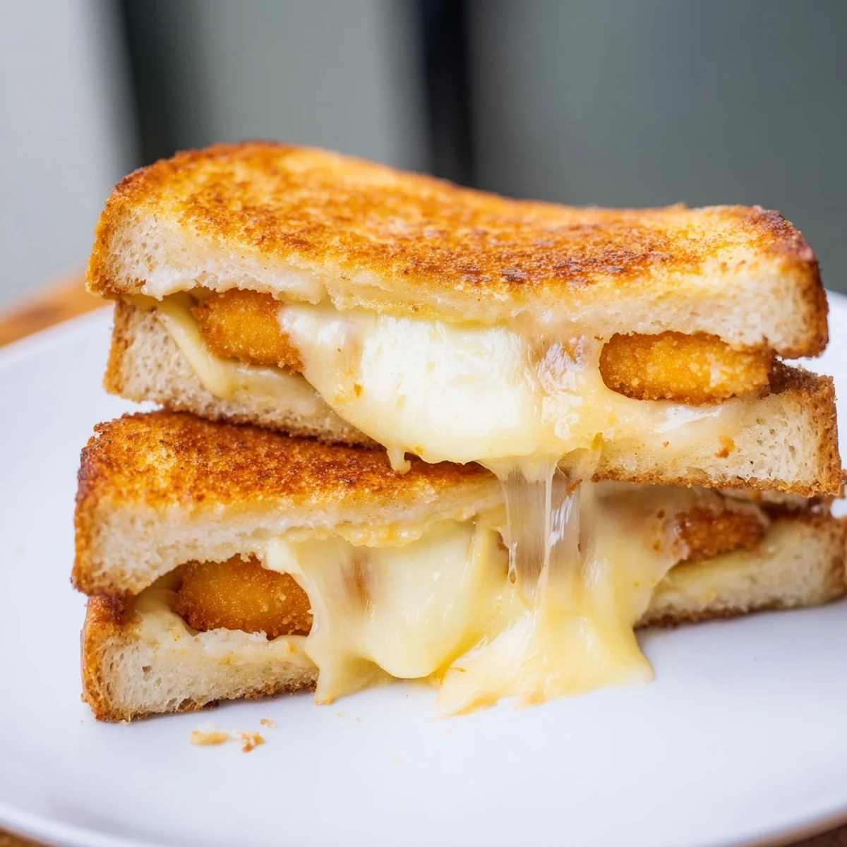 A vegetarian Mozzarella Stick Grilled Cheese lunch featuring crunchy sticks, melted mozzarella slices, and golden-brown crust on sourdough bread.