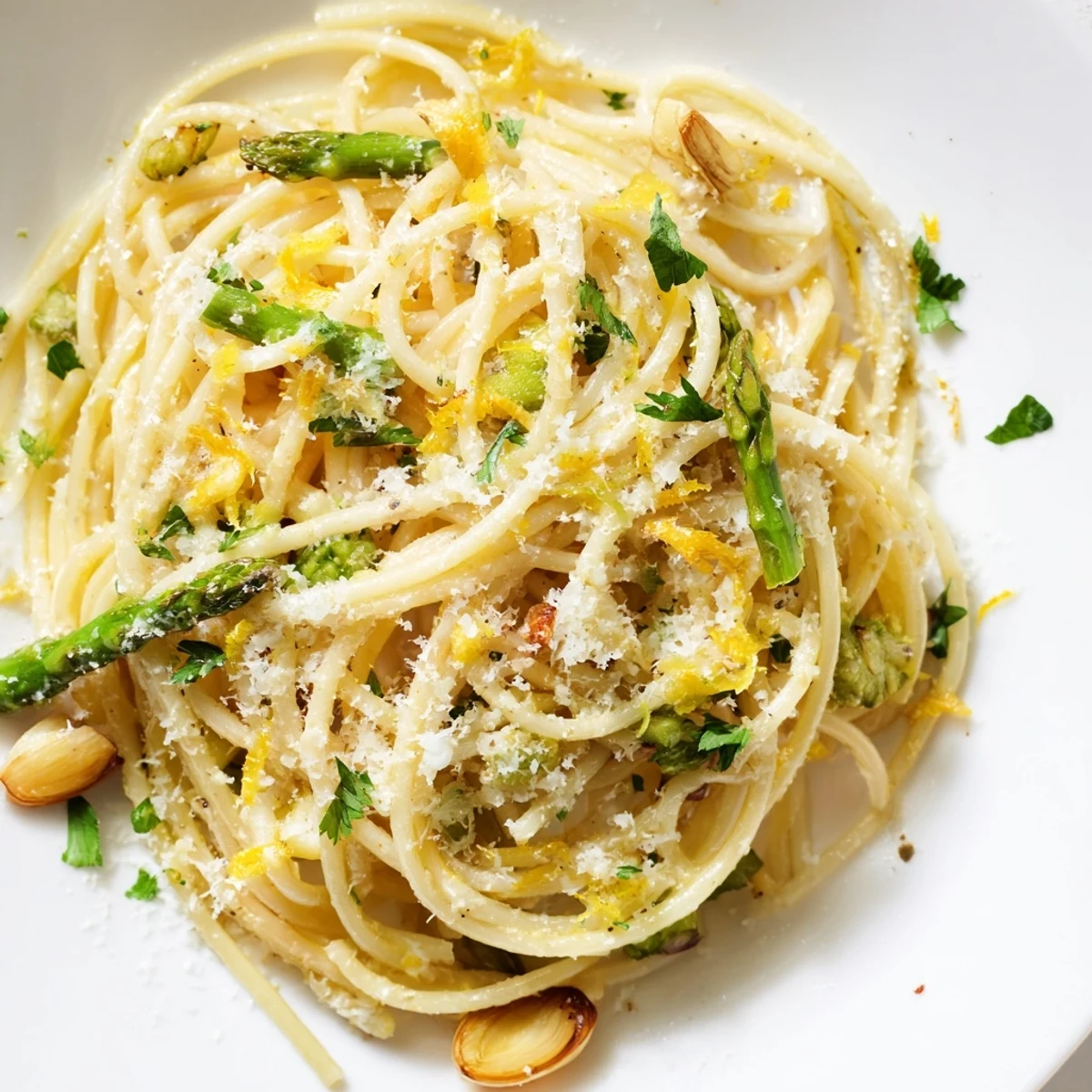 Golden roasted garlic cloves and bright green asparagus pieces tossed with spaghetti and Parmesan in a white bowl, with a glass of white wine nearby.