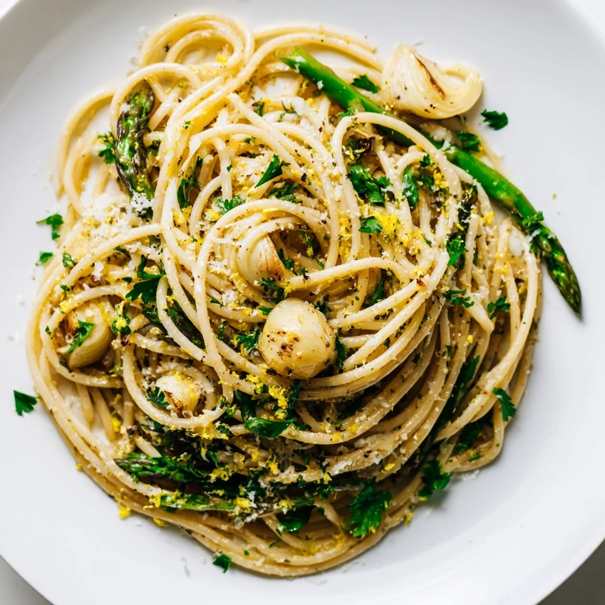 Close-up of creamy roasted garlic mashed into olive oil, with tender asparagus spears and al dente spaghetti glistening under fresh lemon zest and parsley.