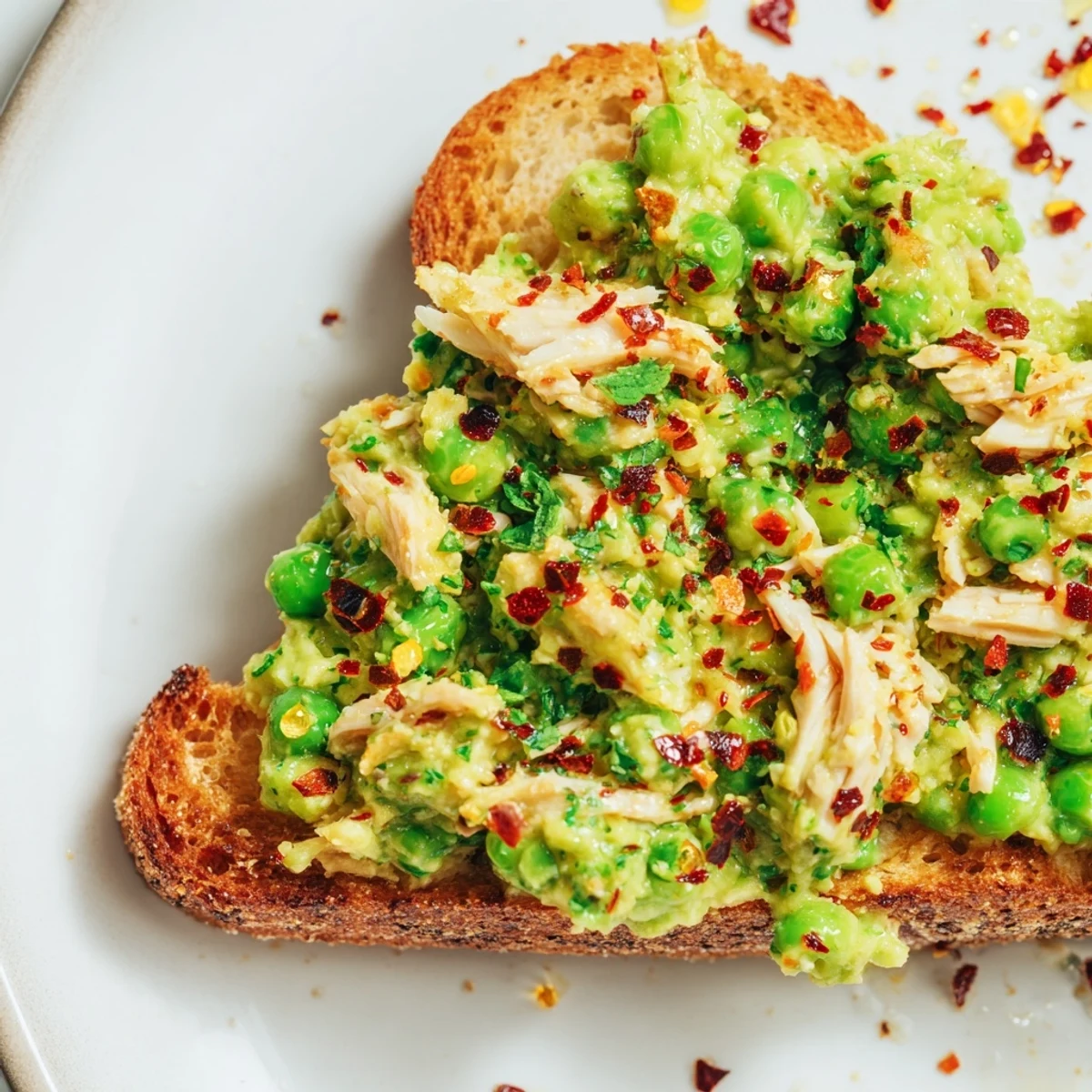 Vibrant smashed pea and chicken toast piled high on rustic sourdough, garnished with chili flakes and fresh mint.