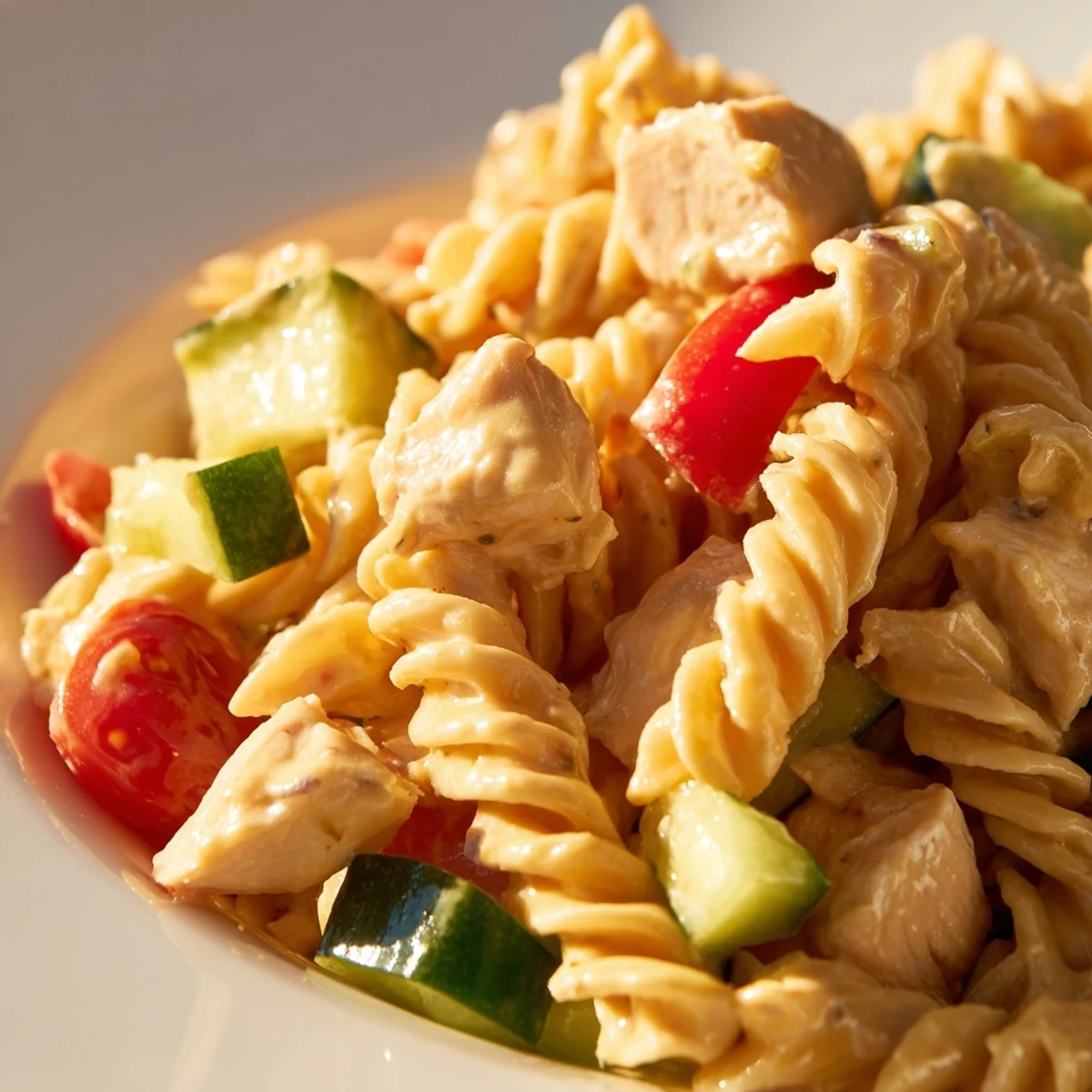 Bright spiral pasta and diced chicken tossed with crunchy veggies in a glossy honey mustard dressing.