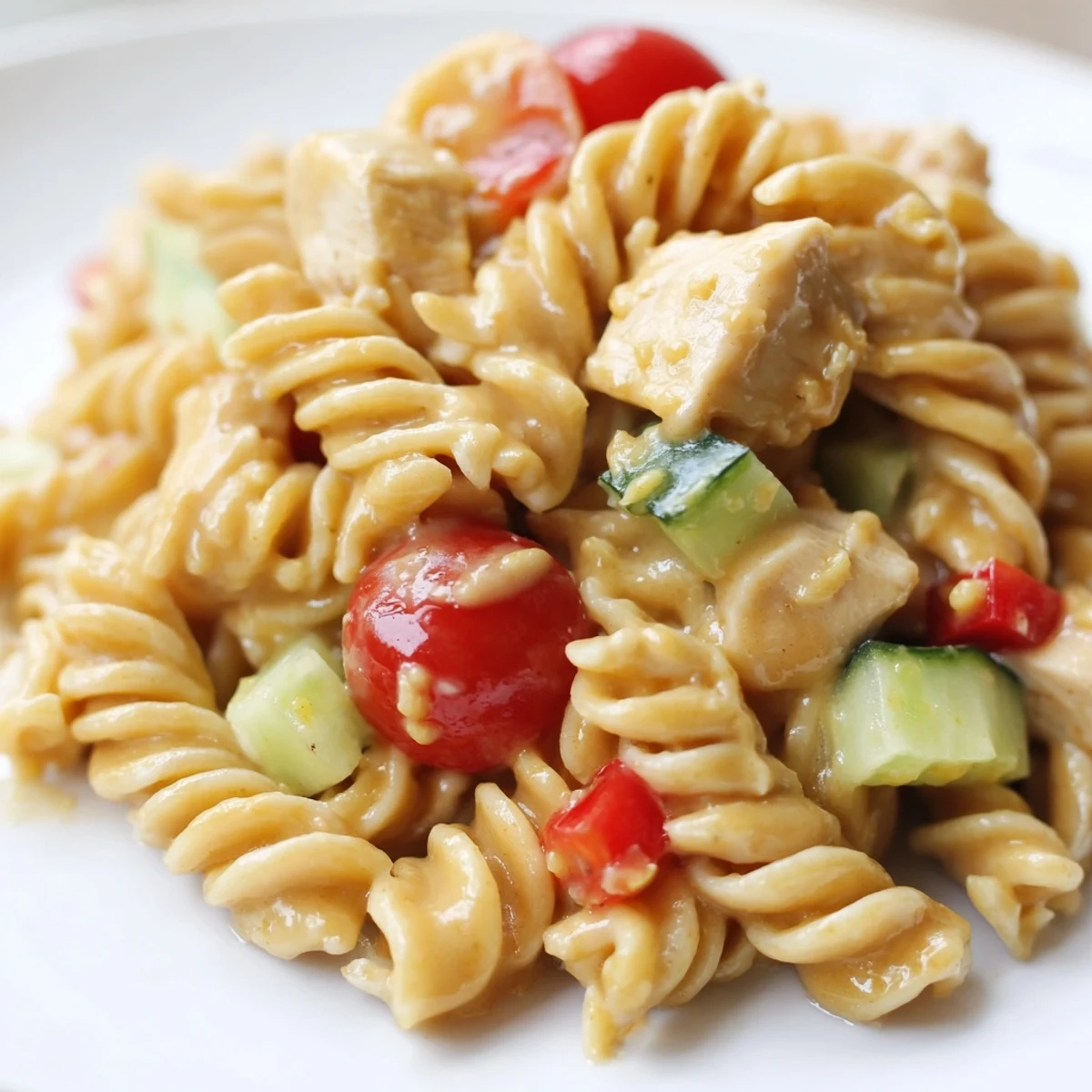 Tender chicken cubes and fusilli pasta coated in zesty honey mustard dressing with fresh parsley garnish.