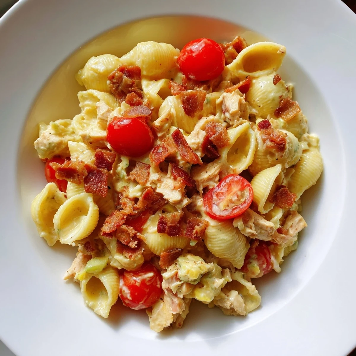 This vibrant BLT Chicken Pasta Salad showcases smoky bacon crumbles, tender pasta shells, and a light creamy dressing drizzled over.  